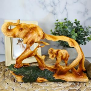 Ebros Elephant and Baby Walking in The Jungle Statue 9" Long Faux Wood Resin Wildlife Safari Elephant Family Scene Figurine