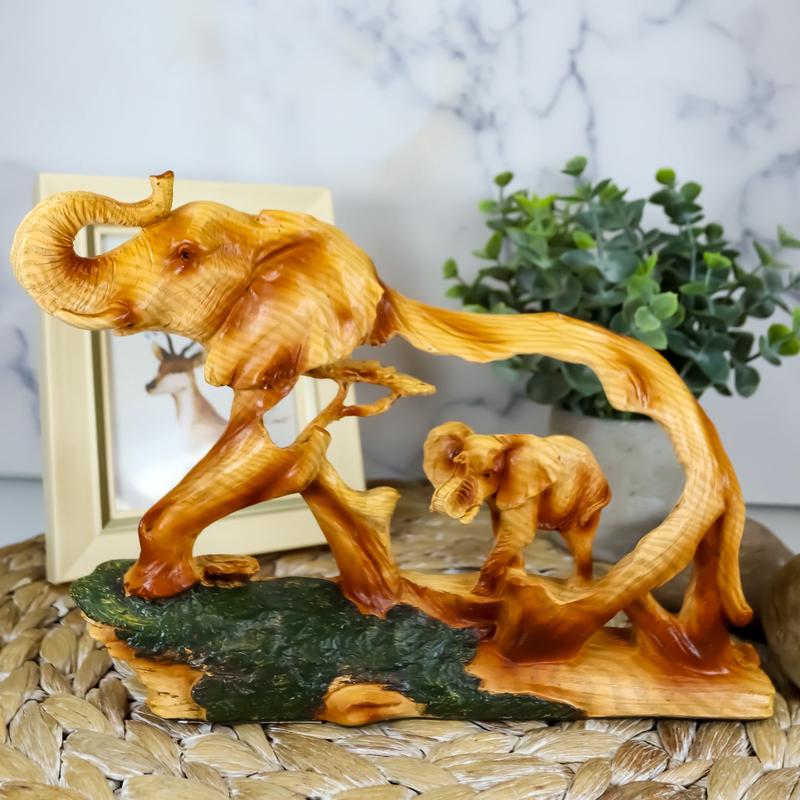 Ebros Elephant and Baby Walking in The Jungle Statue 9" Long Faux Wood Resin Wildlife Safari Elephant Family Scene Figurine