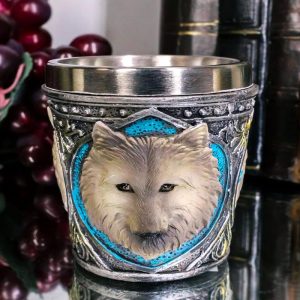 Ebros Full Moon Grey Wolf 2-Ounce Shot Glass Resin With Stainless Steel Liners