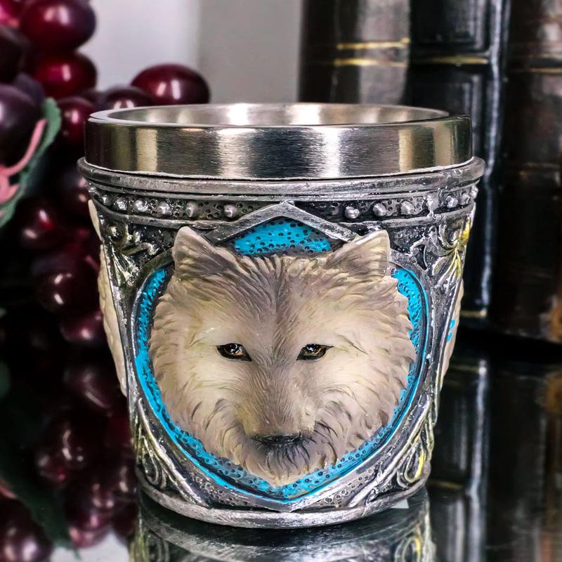 Ebros Full Moon Grey Wolf 2-Ounce Shot Glass Resin With Stainless Steel Liners