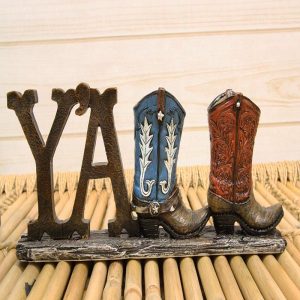 Ebros Gift 10.25"Long Rustic Western Southwestern Y'all Sign In Tooled Faux Leather Cowboy Boots Resin Desktop Plaque Decorative Figurine Table Shelf