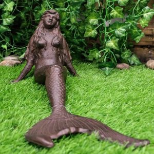 Ebros Gift 16.25" Long Nautical Siren Mermaid Leaning Back Cast Iron Rustic Vintage Finish Shelf Sitter Statue Ocean Goddess Princess Coastal Beach Under The Sea Mermaids Decorative Accent