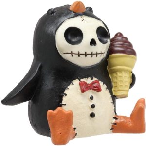 Ebros Gift 2.5" Tall Furrybones Pen The Emperor Penguin Chick with Red Bow Tie and Sugar Cone Ice Cream Collectible Figurine Skeleton Monster Penguins Hooded Costume Furry Bones Statue