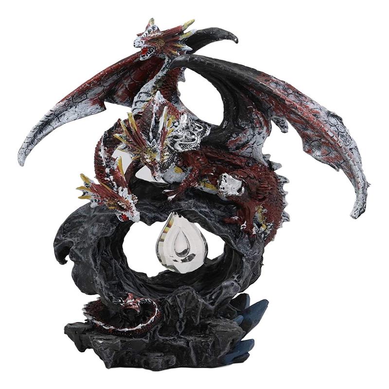 Ebros Gift 3 Headed Hydra Dragon Protecting Rune Crystal Decorative Figurine 9.75" Tall (Volcano Red and Silver Drake)