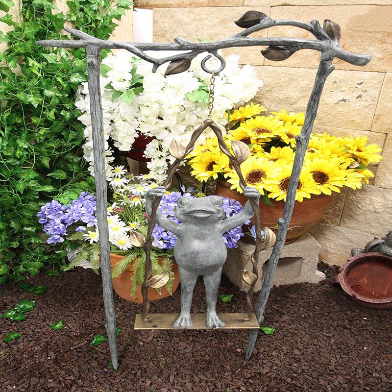 Ebros Gift 36" Tall Aluminum Metal Whimsical Acrobatic Stunt Frog On Vine Swing Garden Stake Statue 'Child's Play' Patio Pool Pond Lawn Frogs Decorative Sculpture Accent
