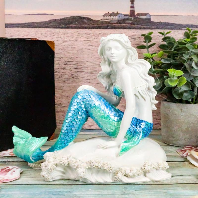 Ebros Gift 6.25" Tall Nautical Capiz Blue Tailed Mermaid Ariel Sitting On Beach