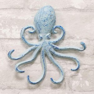 Ebros Gift 6.5" H Cast Iron Nautical Deep Sea Octopus Wall Mount 6 Pegs Hooks Hanging Plaque Tentacle Hook Feature for Keys Hats Leash Backpacks (Ocean Blue)