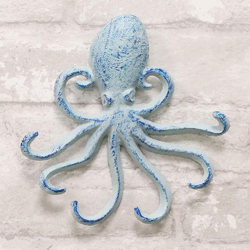 Ebros Gift 6.5" H Cast Iron Nautical Deep Sea Octopus Wall Mount 6 Pegs Hooks Hanging Plaque Tentacle Hook Feature for Keys Hats Leash Backpacks (Ocean Blue)