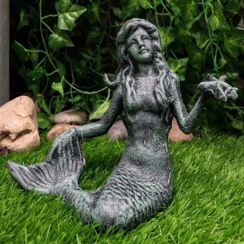 Ebros Gift 6.5" Tall Nautical Siren Mermaid Holding Starfish Cast Iron Rustic Verdigris Vintage Patina Finish Statue Ocean Goddess Princess Coastal Beach Under The Sea Mermaids Decorative Accent