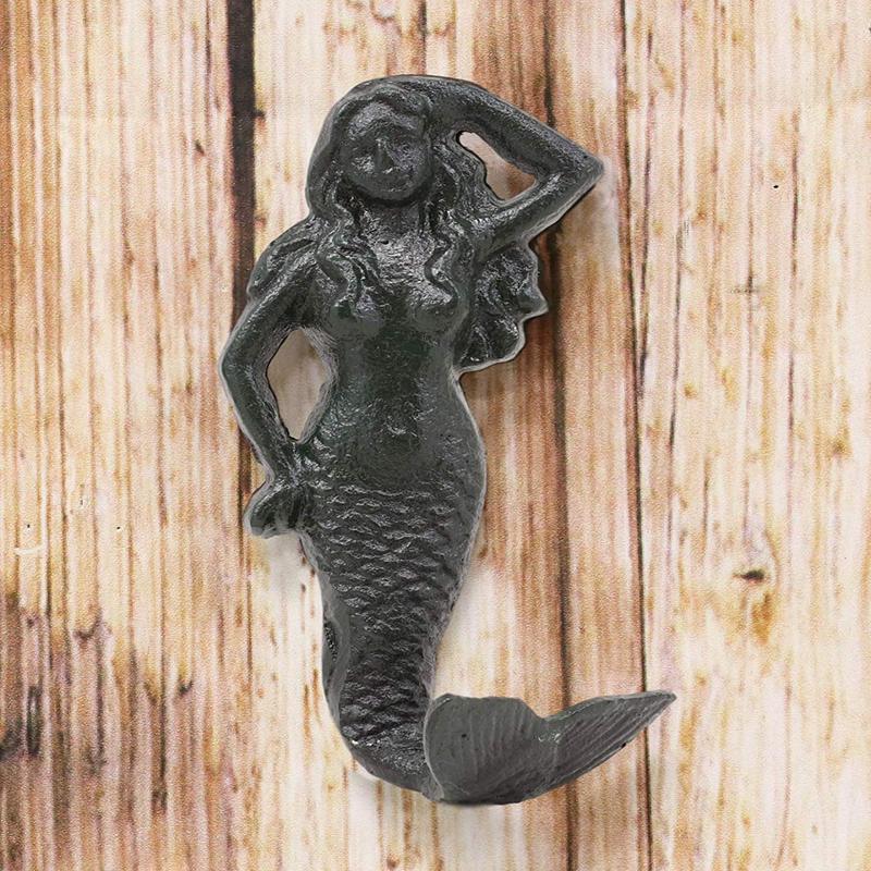Ebros Gift 6"H Mermaid Cast Iron Rustic Wall Coat Hook For Keys Leashes Hats (1)