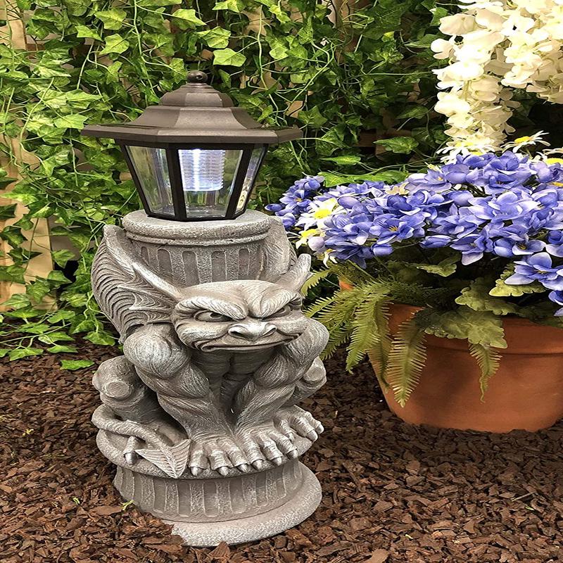 Ebros Gothic Gargoyle Statue with Solar LED Lantern Light Post 20" Tall Figurine