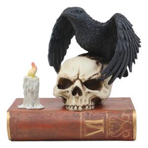 Ebros Raven Crow Perching On Skull with Ancient Book Jewelry Trinket Box 8.5"H