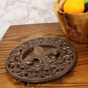 Ebros Rustic Vintage Design Round Fleur De Lis Medallion Cast Iron Trivet 10"Diameter
