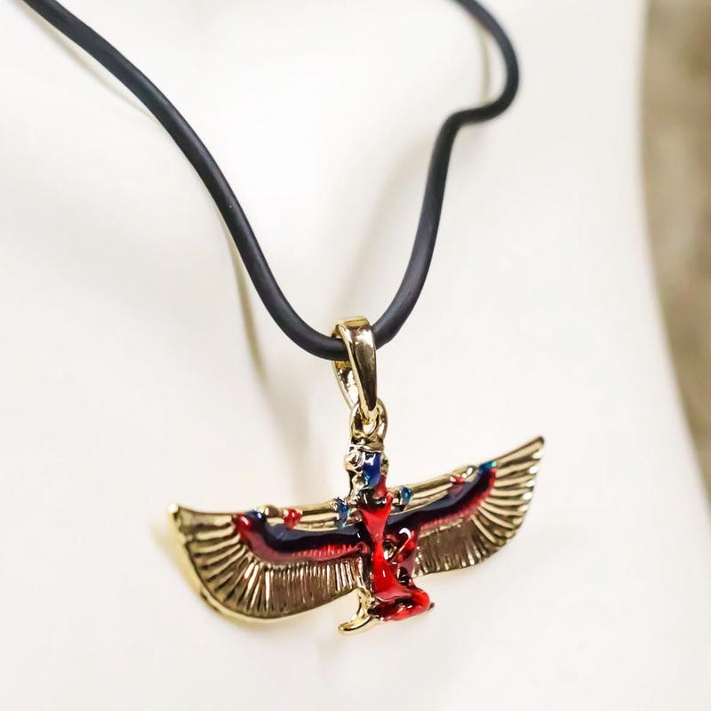 Egyptian Deity Golden Goddess Maat With Open Wings Amulet Pendant Necklace Decor