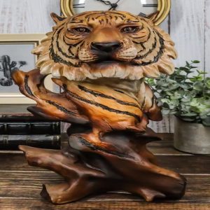 Faux Wood Large Exotic Jungle Wildlife Orange Bengal Tiger Bust Statue 11"Tall