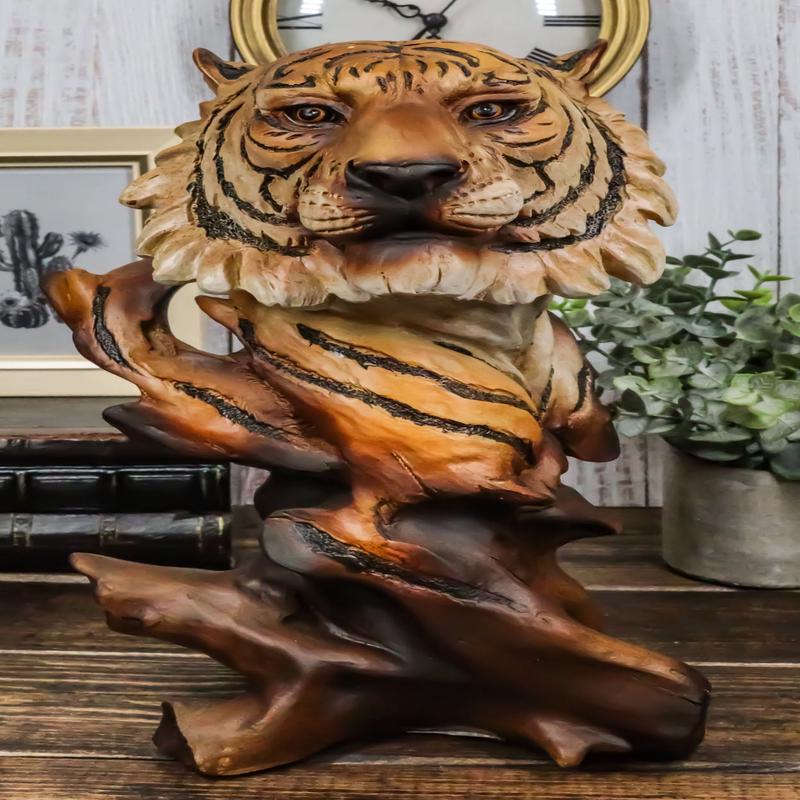Faux Wood Large Exotic Jungle Wildlife Orange Bengal Tiger Bust Statue 11"Tall