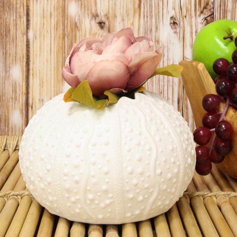 Ebros 7.5" Diameter White Sea Urchin Shell Ceramic Sculpture Pot Figurine (1)