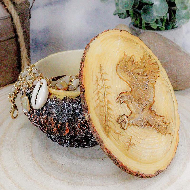 Ebros Beautiful Rustic Faux Wood Bald Eagle Swooping DowN Rounded Jewelry Box