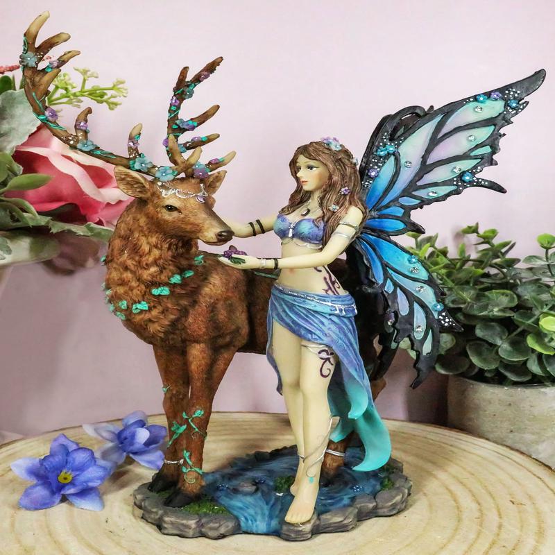 Ebros Butterfly Fairy With Stag Figurine Enchanted Forest Faerie Avalon & Emperor Deer