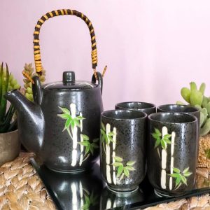 Ebros China Winter Lucky Bamboo Design Porcelain Black 20oz Tea Pot and 4 Cups Set