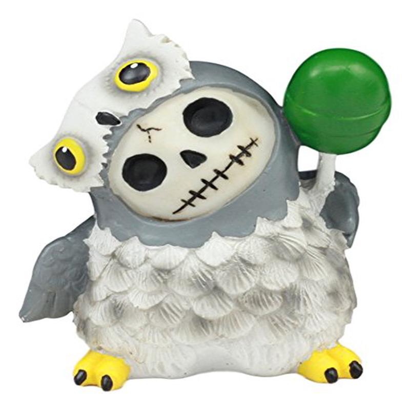 Ebros Furry Bones Hootie The Snow Owl Skeleton Figurine 3" H Furrybones Wise Owl With Green Lollipop Costume Hooded Skull Monster Collectible Sculpture Decorative Toy