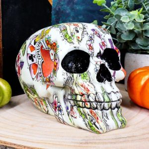 Ebros Gambler Playing Cards Poker Face Floral Tattoo Sugar Skull Statue 5.5"L