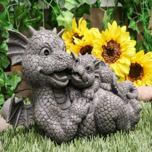 Ebros Garden Dragon Family Mommy and Me Time Statue 8" Long Cute Baby On Mother's Bosom Dragons Faux Stone Resin Finish Figurine Fantasy Home Decor