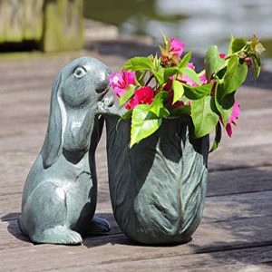 Ebros Gift 11.25" Long Aluminum Rustic Whimsical Peeking Bunny Rabbit Flowers Or Plants Planter Pot Garden Statue Decorative Rabbits Accent Decor