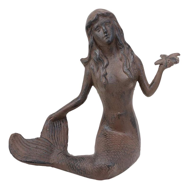 Ebros Gift 11.5" Tall Cast Iron Large Nautical Siren Mermaid Holding Starfish Vintage Statue Ocean Goddess Princess Coastal Beach Under The Sea Mermaids Decorative Accent (Rust Bronze)