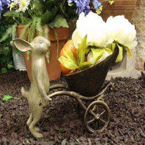 Ebros Gift 12" Long Aluminum Rustic Whimsical Bunny Rabbit Pushing Wheelbarrow Cart Flowers Or Plants Planter Garden Statue Or As Wine Bottle Holder Valet Decorative Rabbits Accent Decor