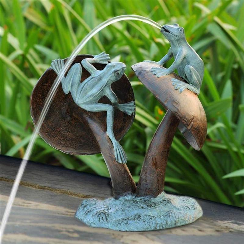 Ebros Gift Aluminum Metal Two Climbing Pond Frogs On Giant Fungi Mushrooms Water Spitter Fountain Garden Statue Elegant Outdoors Patio Lawn Poolside Decor Accent Figurine