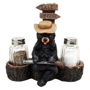 Ebros Gift Black Bear With Shotgun On Cross Road Salt Pepper Shakers Holder Figurine 6.5"H