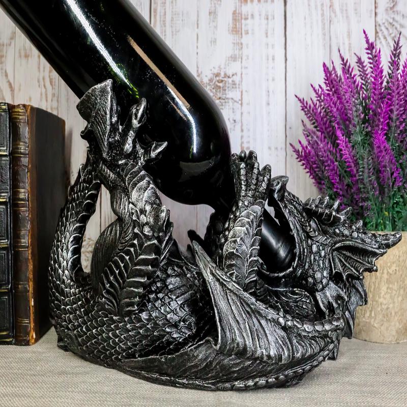 Ebros Gift Black Saurian Armored Dragon Decorative Wine Holder Rack Figurine 12" Long
