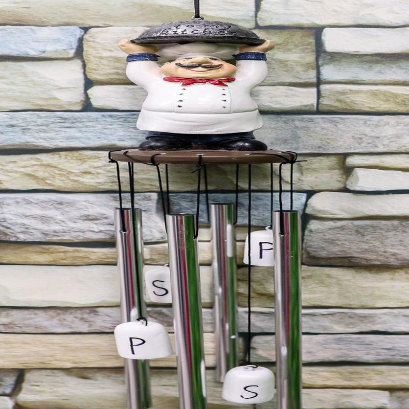 Ebros Gift Chef Cordon Bleu Lifting Cloche Dome Welcome to My Kitchen Figurine Crown Top Resonant Wind Chime with Miniature Ponies Ornaments for Garden Patio Home Decorative Accent Hospitality Cooks