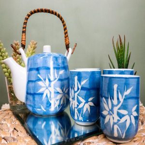 Ebros Gift China Winter White Lucky Bamboo Design Porcelain Soothing Blue Color 20oz Tea Pot and 4 Cups Set Home Decor Asian Living Teapots Teacups Decorative Party Hosting