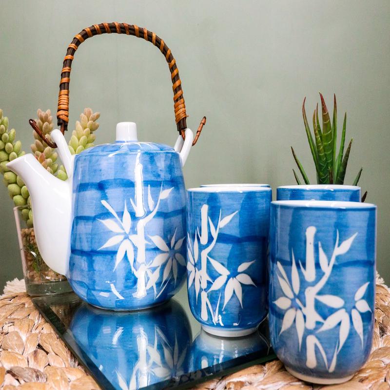 Ebros Gift China Winter White Lucky Bamboo Design Porcelain Soothing Blue Color 20oz Tea Pot and 4 Cups Set Home Decor Asian Living Teapots Teacups Decorative Party Hosting
