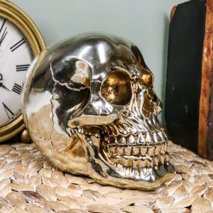 Ebros Gift Chrome Plated Golden Silver Treasure Skull Figurine 6.25"L