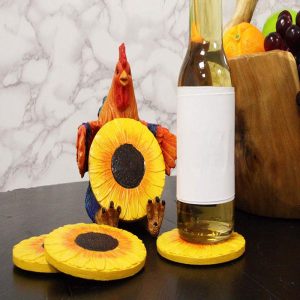 Ebros Rustic Western Sitting Proud Rooster Coaster Set With 4 Sunflower Coasters