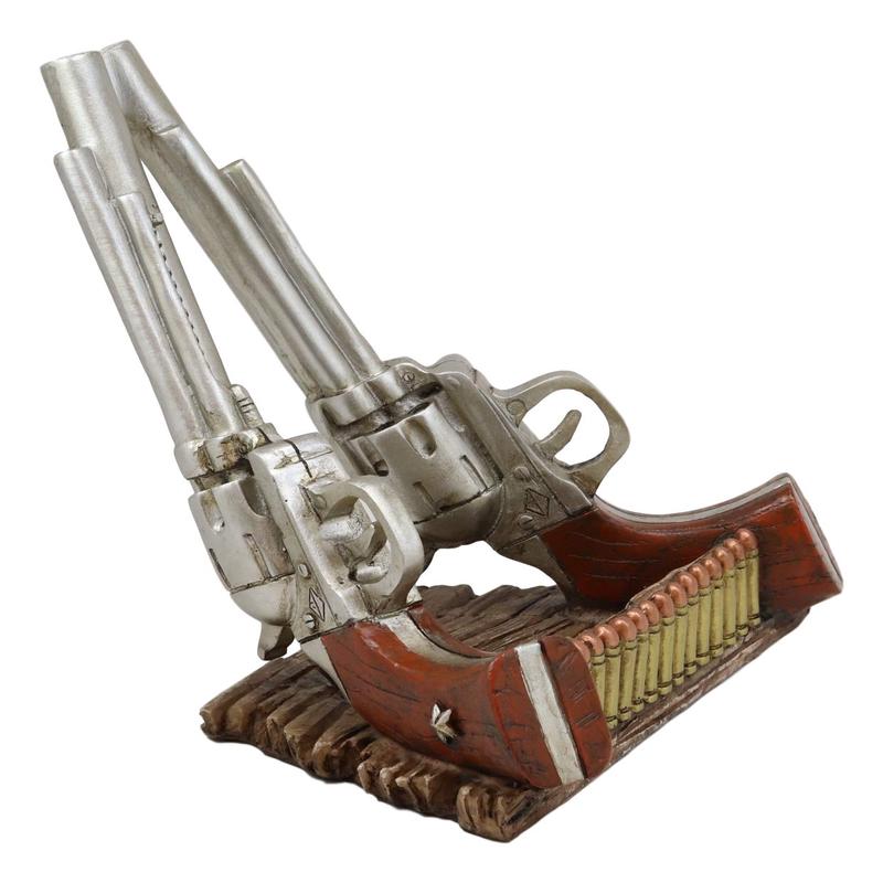 Western Cowboy Six Shooter Revolver Pistols With Ammo Cell Phone Holder Statue