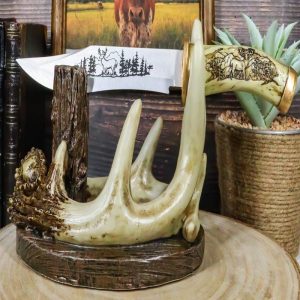 Western Rustic 8 Point Buck Stag Deer Antlers Display With Elk Sculpted Dagger
