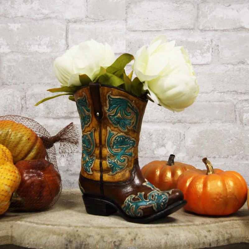 Ebros 7"H Rustic Western Cowboy Teal Brown Boot Figurine Stationery Holder Flower Vase