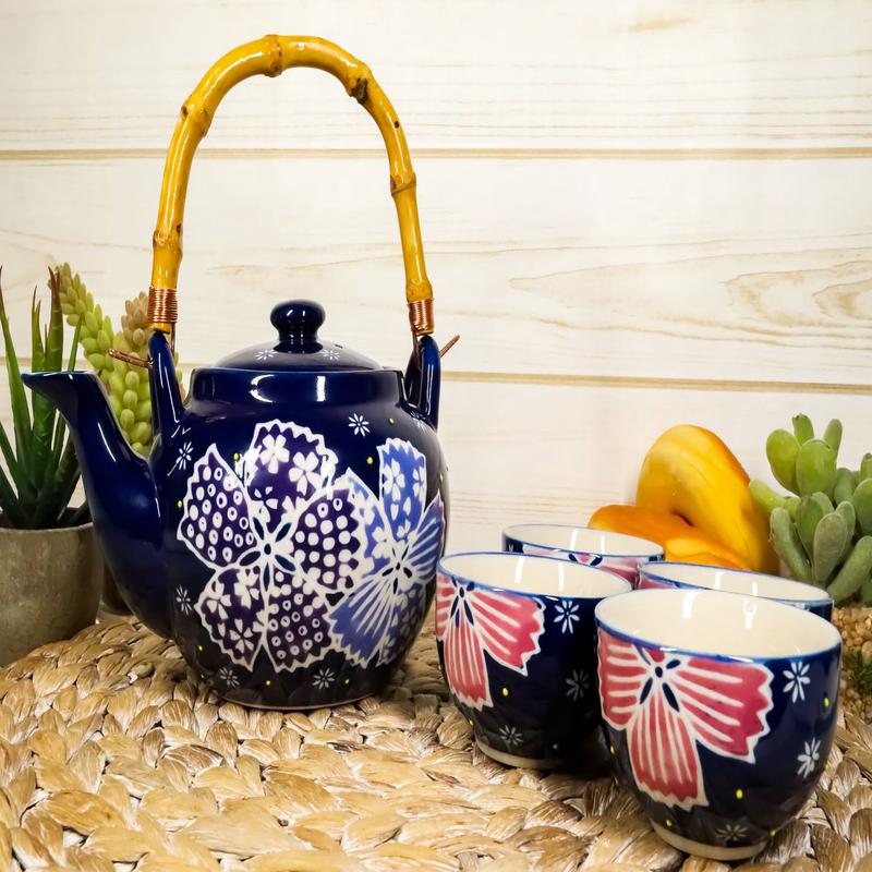 Ebros Blue Winter Frost Colorful Large Floral Blooms 25oz Tea Pot With 4 Cups Set