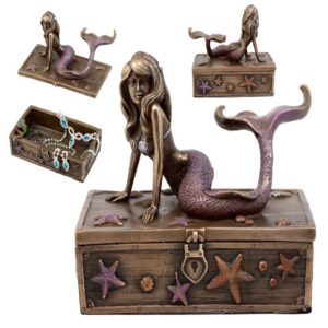 Ebros Bronzed Resin Mermaid Ariel Resting Jewelry Trinket Decorative Box 5" L