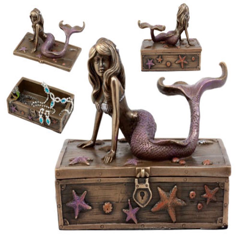 Ebros Bronzed Resin Mermaid Ariel Resting Jewelry Trinket Decorative Box 5" L