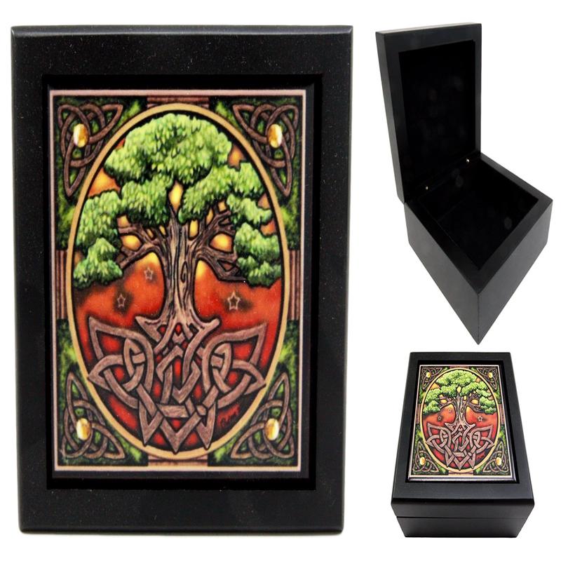 Ebros Celtic Tree of Life Wooden Tile Jewelry Box Trinket Hinged Lisa Parker