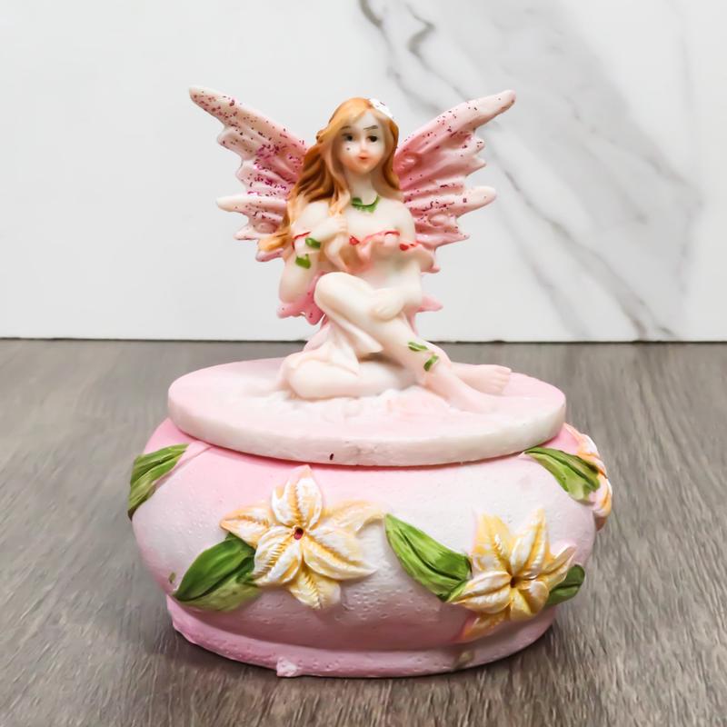 Ebros Colorful Pastel Pink Flower Fairy Daisy Small Round Trinket Jewelry Box Figurine 3.25" High
