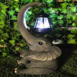 Ebros Elephant Pachyderm Safari Figurine W/ Solar LED Light Lantern 16.25"H