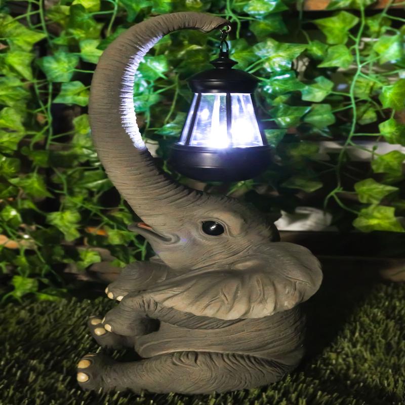 Ebros Elephant Pachyderm Safari Figurine W/ Solar LED Light Lantern 16.25"H