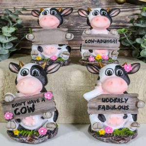 Ebros Farm Bovine Cow Sisters Figurine Set of Three 3.75"H Holding Funny Signs