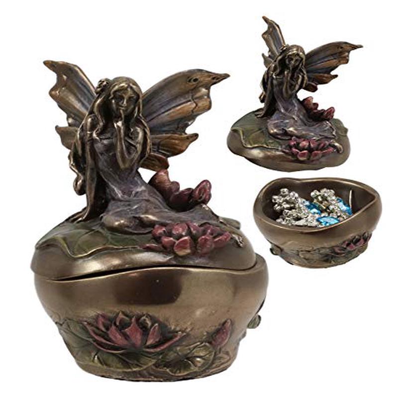 Ebros Gift Art Nouveau Water Lily Fairy Small Trinket Decorative Box 3" High Jewelry Keepsake